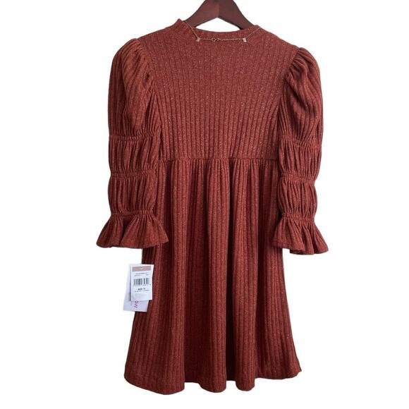 Bonnie Jean Girls Sweater Dress 12 Rust Metallic Thread Matching Necklace Tiered - Picture 3 of 10